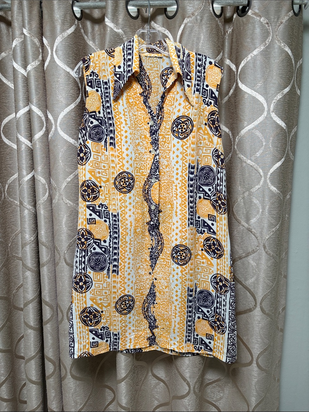 Vintage Mid Century Modern Sleeveless Yellow & Navy Printed Shirt Dress